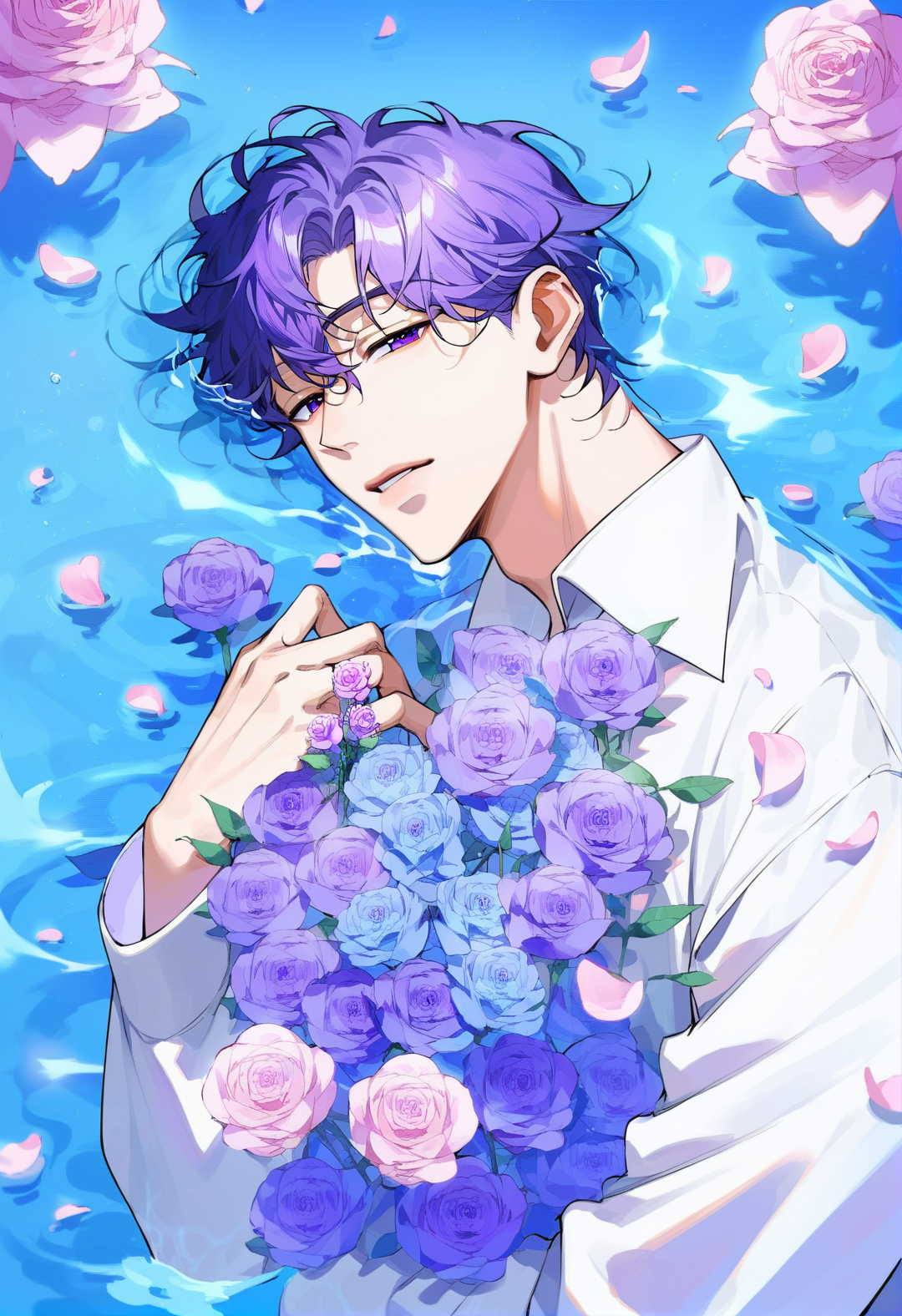 01475-2091255255-_lora_MUKi_0.8_,muksal style,flower,1boy,solo,pink flower,petals,looking at viewer,parted lips,rose,holding,purple flower,purple.png